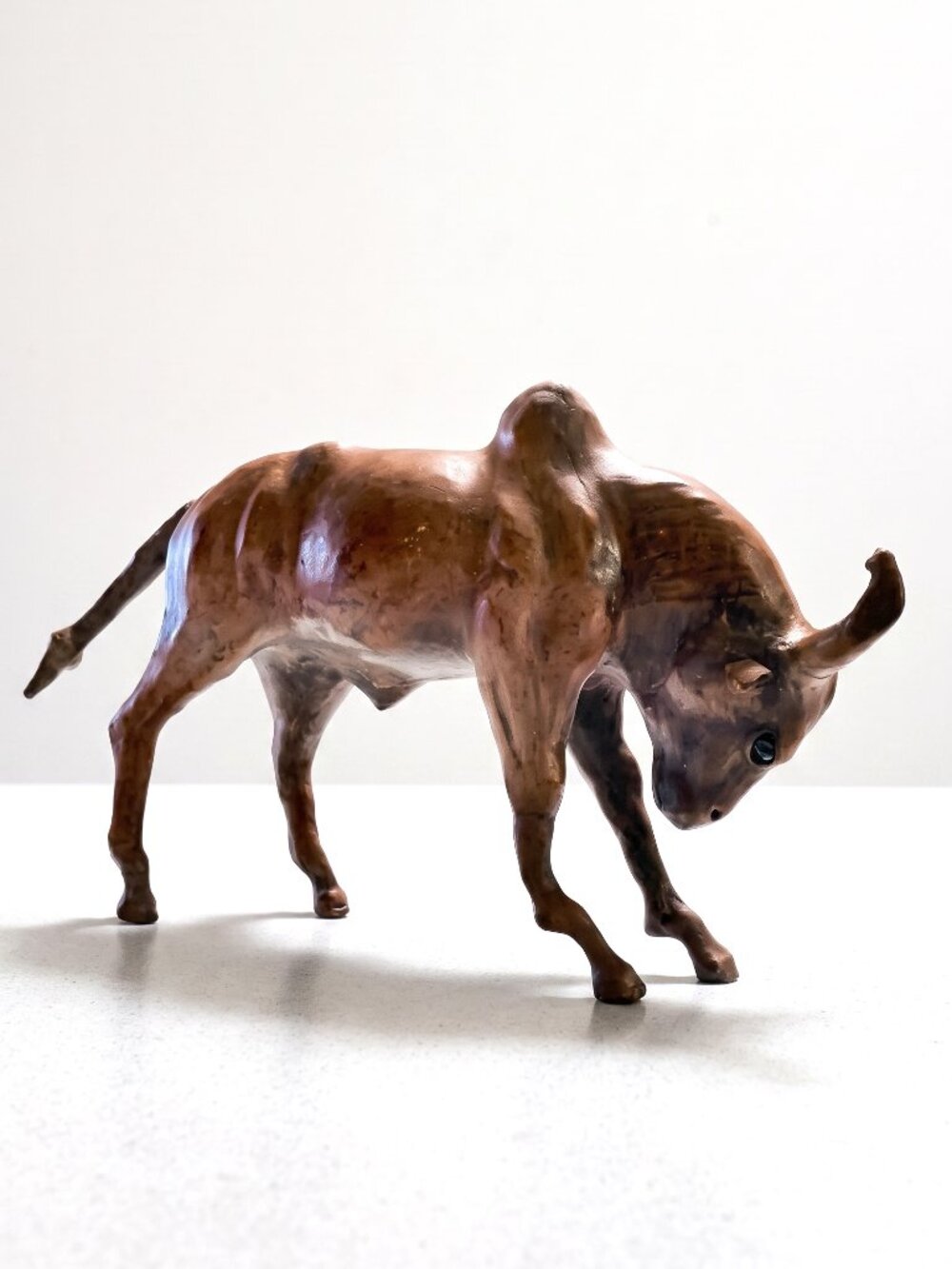 Vintage Handmade Leather Wrapped Charging Bull Sculpture Rustic Western 15"